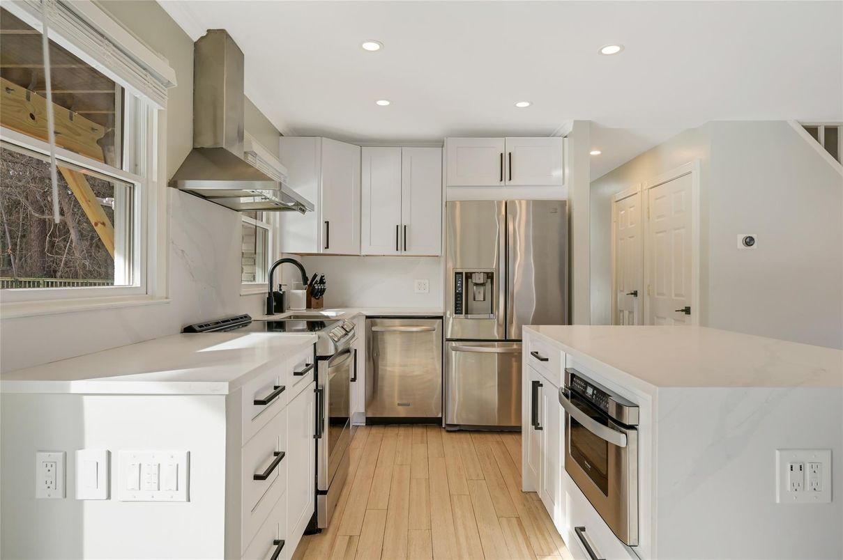 Interior, Kitchen, Recessed Lighting, Stainless Steel Appliances, Wood Texture Flooring