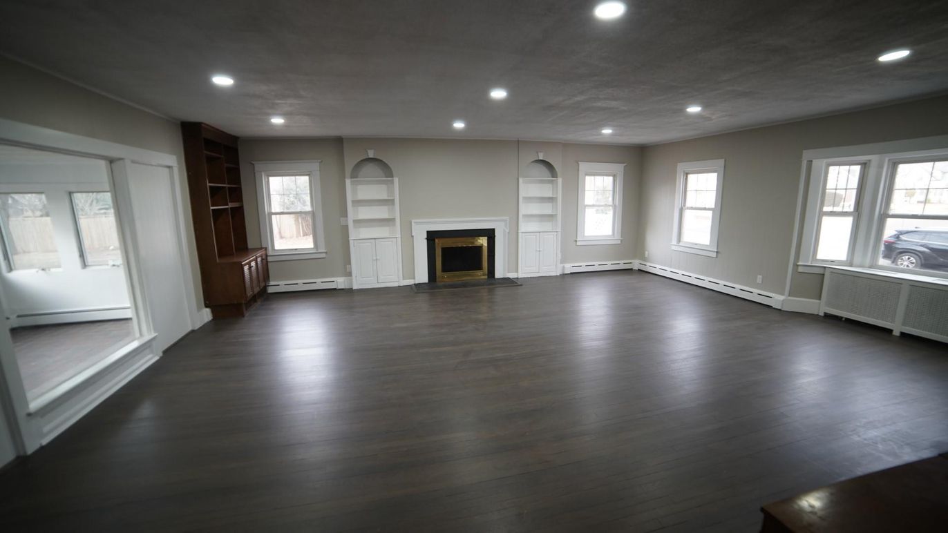 Empty room, Fireplace, Interior, Recessed Lighting, Wood Texture Flooring