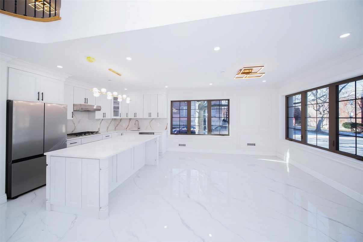 Interior, Kitchen, Marble, Pendant Lights, Recessed Lighting, Stainless Steel Appliances