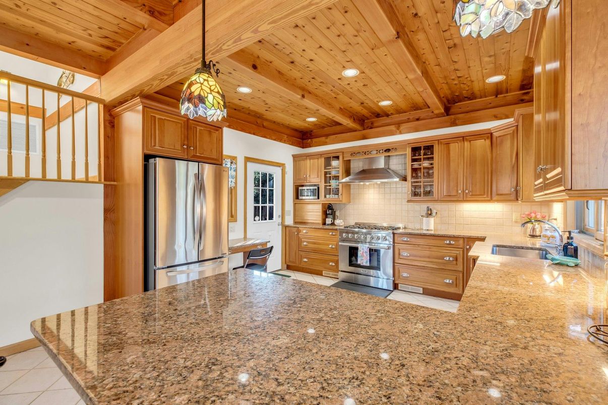 Interior, Kitchen, Pendant Lights, Recessed Lighting, Stainless Steel Appliances, Wooden Ceilings