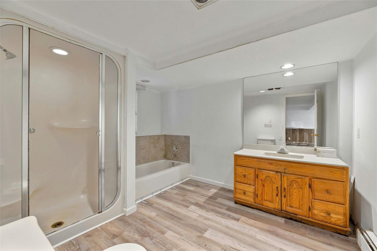 Bathroom, Glass Shower, Interior, Recessed Lighting, Wood Texture Flooring