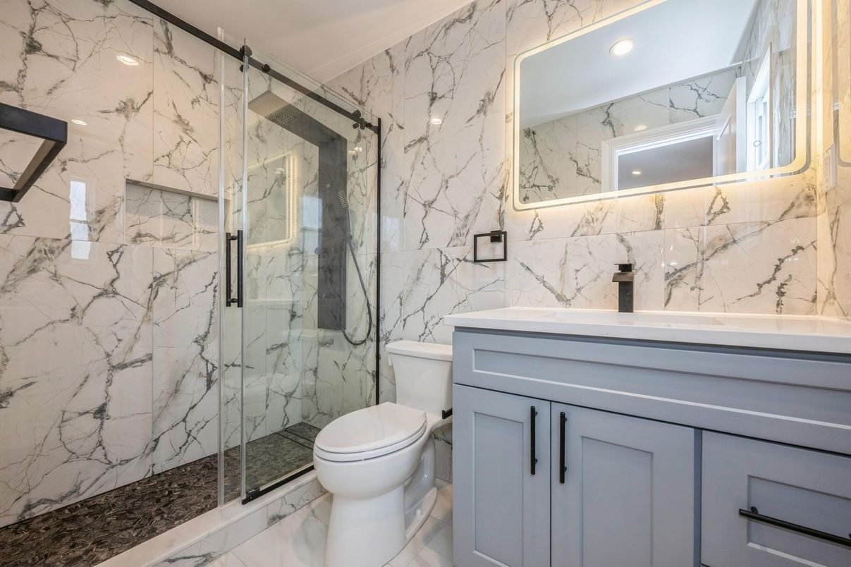 Bathroom, Glass Shower, Interior, Marble, Marble Walls, Recessed Lighting