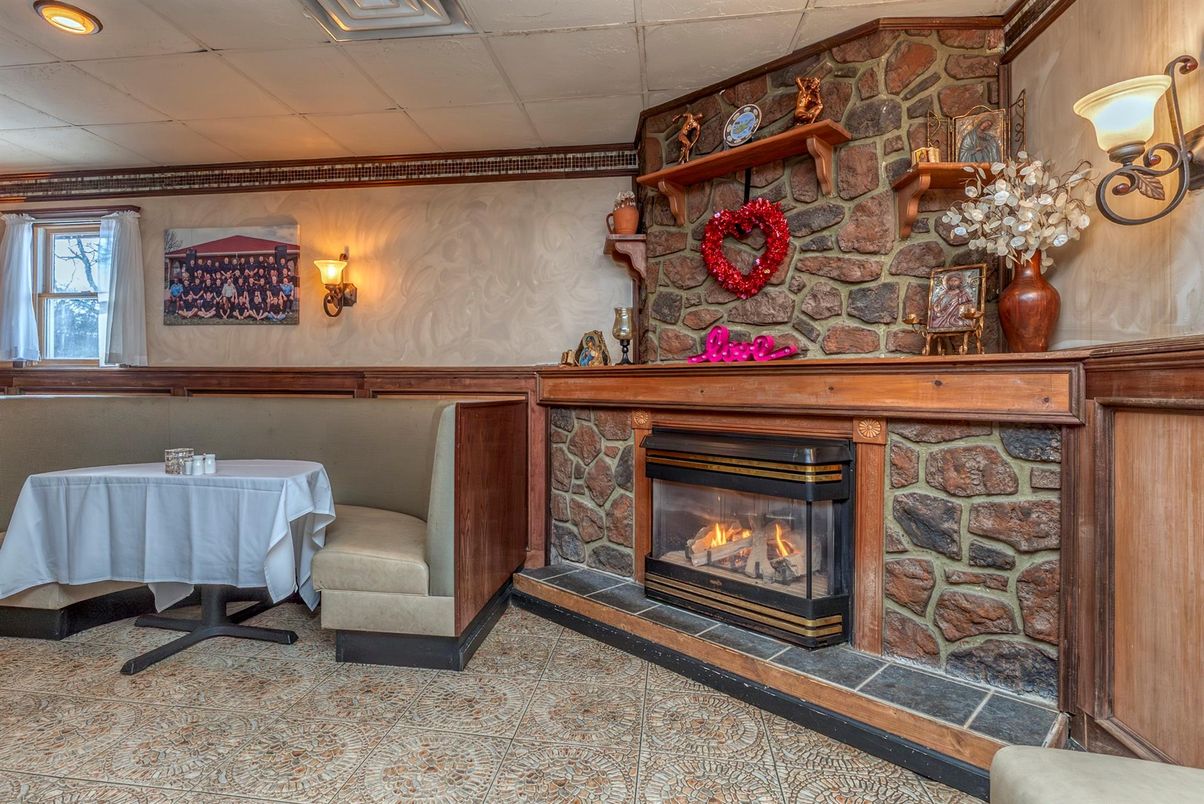 Fireplace, Interior, Recessed Lighting, Stone Walls