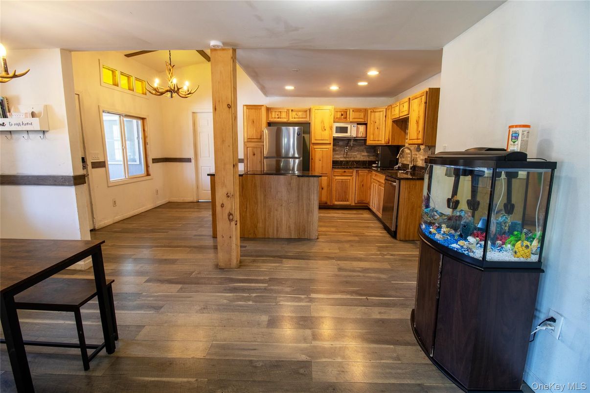 Chandelier, Interior, Kitchen, Recessed Lighting, Stainless Steel Appliances, Wood Texture Flooring