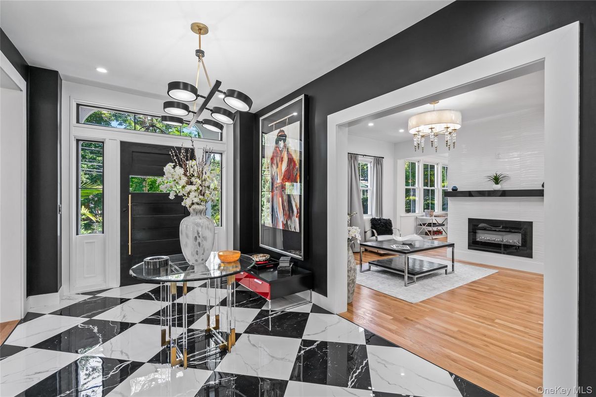 Fireplace, Interior, Living room, Marble, Pendant Lights, Recessed Lighting, Wood Texture Flooring
