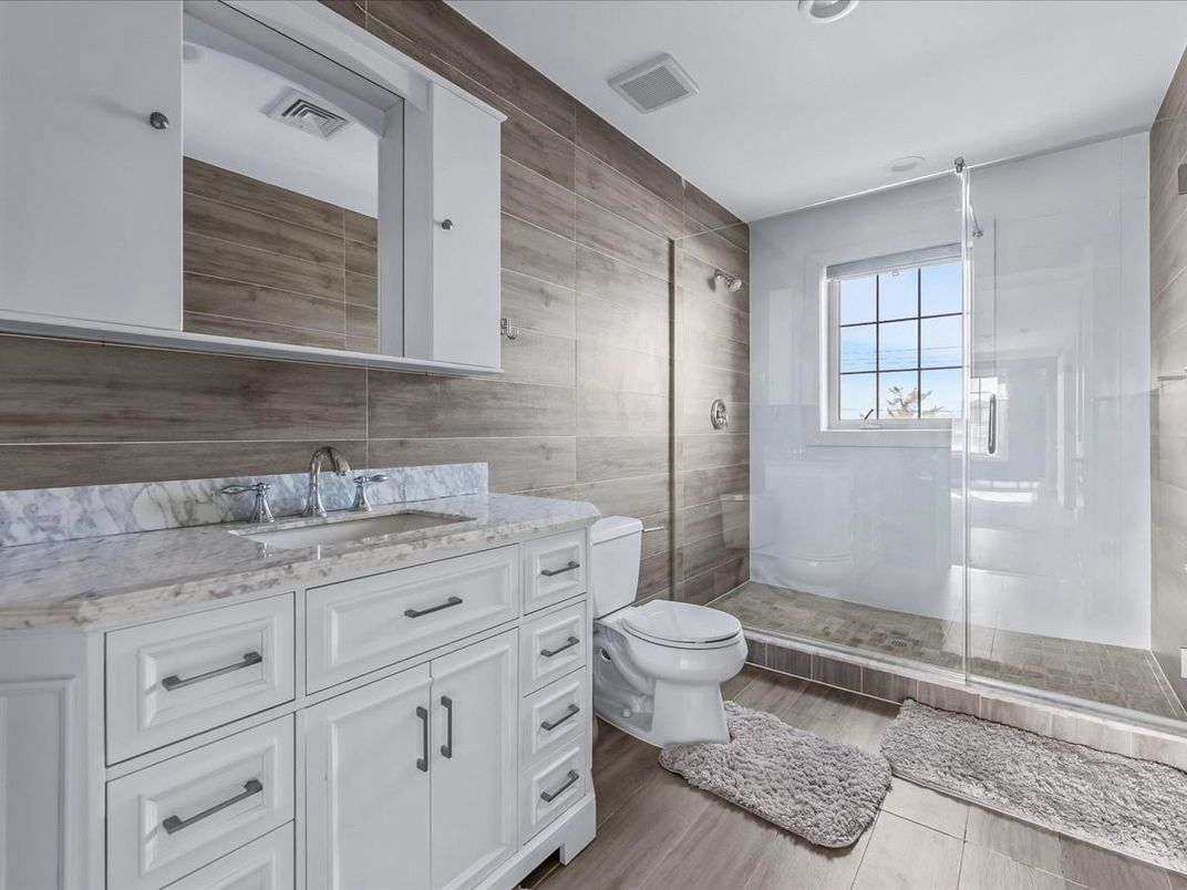 Bathroom, Glass Shower, Interior, Recessed Lighting, Wood Texture Flooring