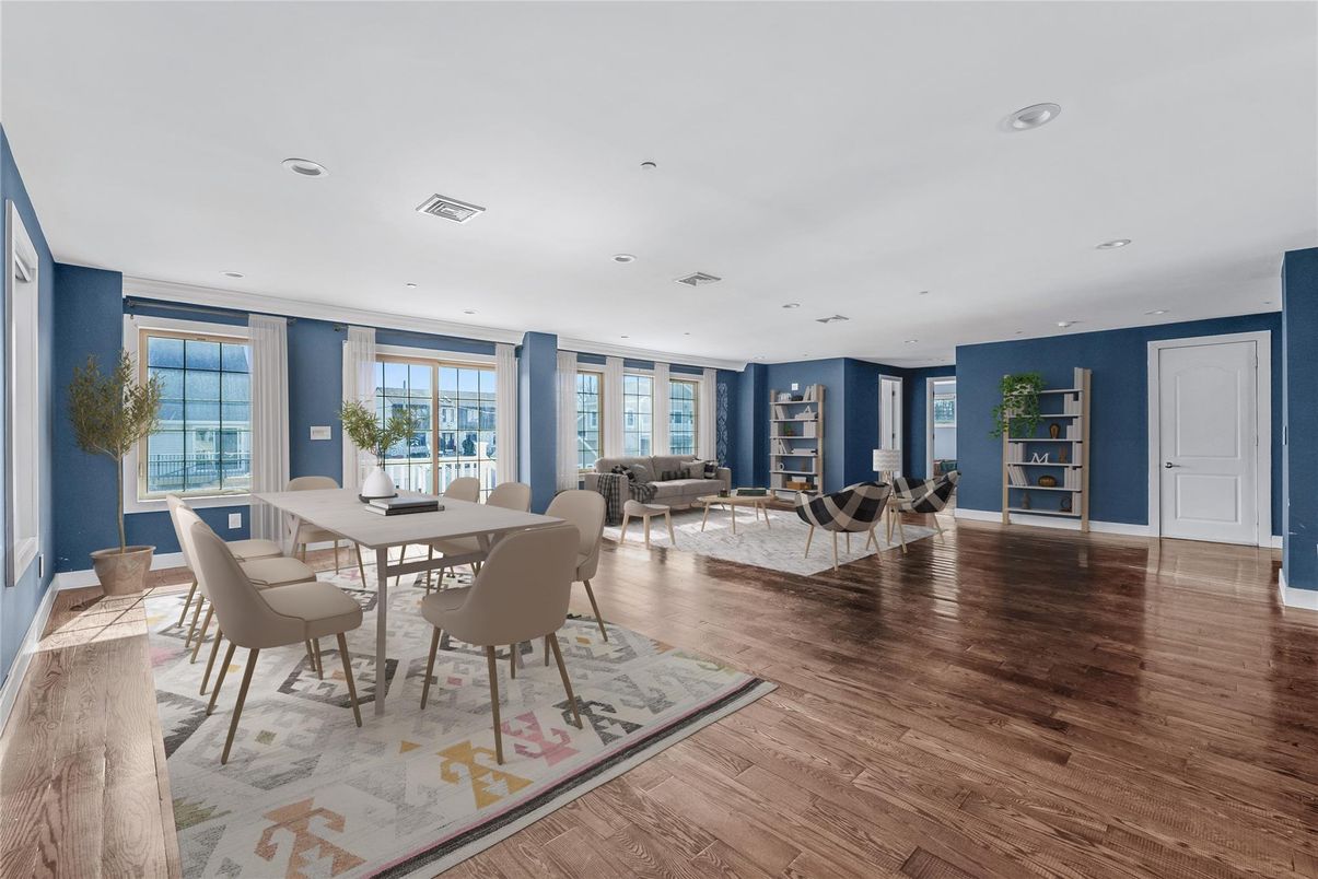 Dining room, Interior, Living room, Recessed Lighting, Wood Texture Flooring