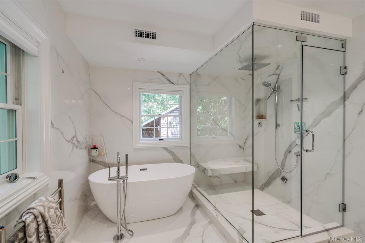 Bathroom, Free Standing Baths, Glass Shower, Interior, Marble, Marble Walls