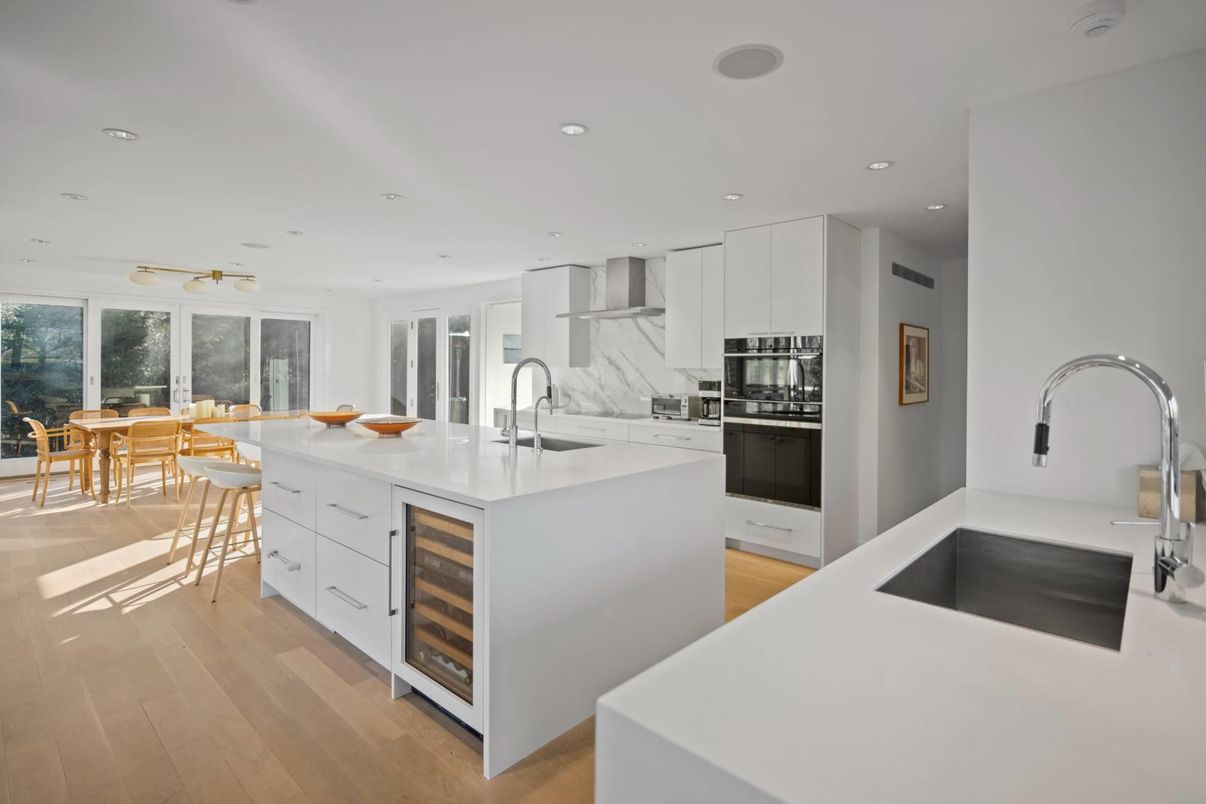 Dining room, Interior, Kitchen, Recessed Lighting, Stainless Steel Appliances, Wood Texture Flooring