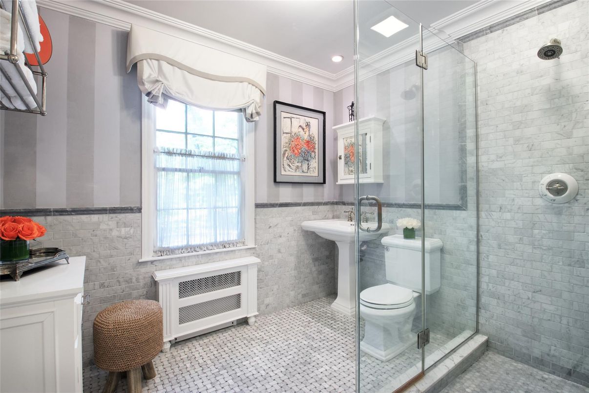 Bathroom, Glass Shower, Interior, Recessed Lighting, Stone Walls