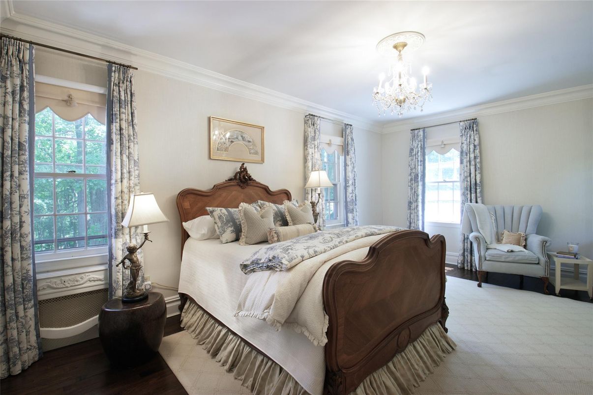 Bedroom, Chandelier, Interior, Wood Texture Flooring