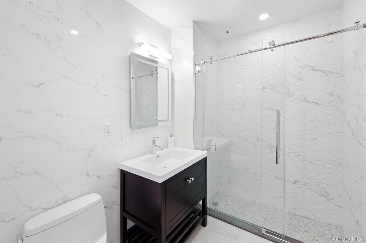 Bathroom, Glass Shower, Interior, Marble Walls, Recessed Lighting