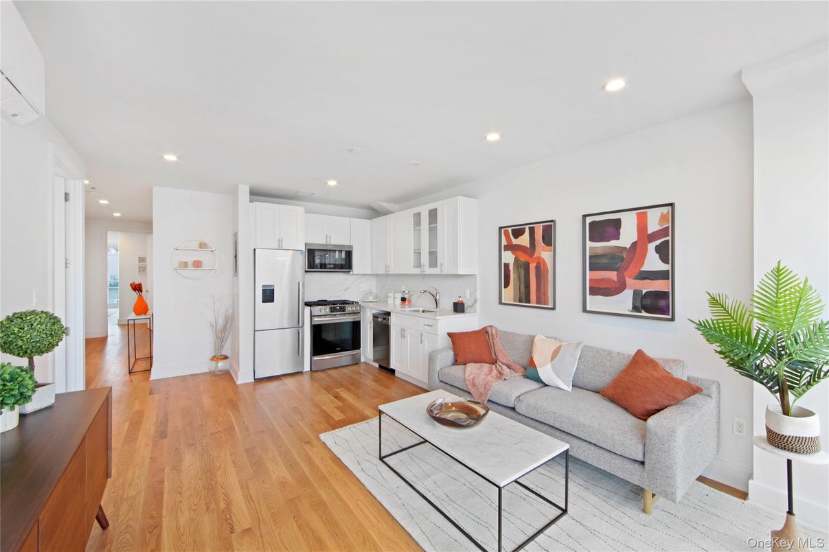 Interior, Kitchen, Living room, Recessed Lighting, Stainless Steel Appliances, Wood Texture Flooring