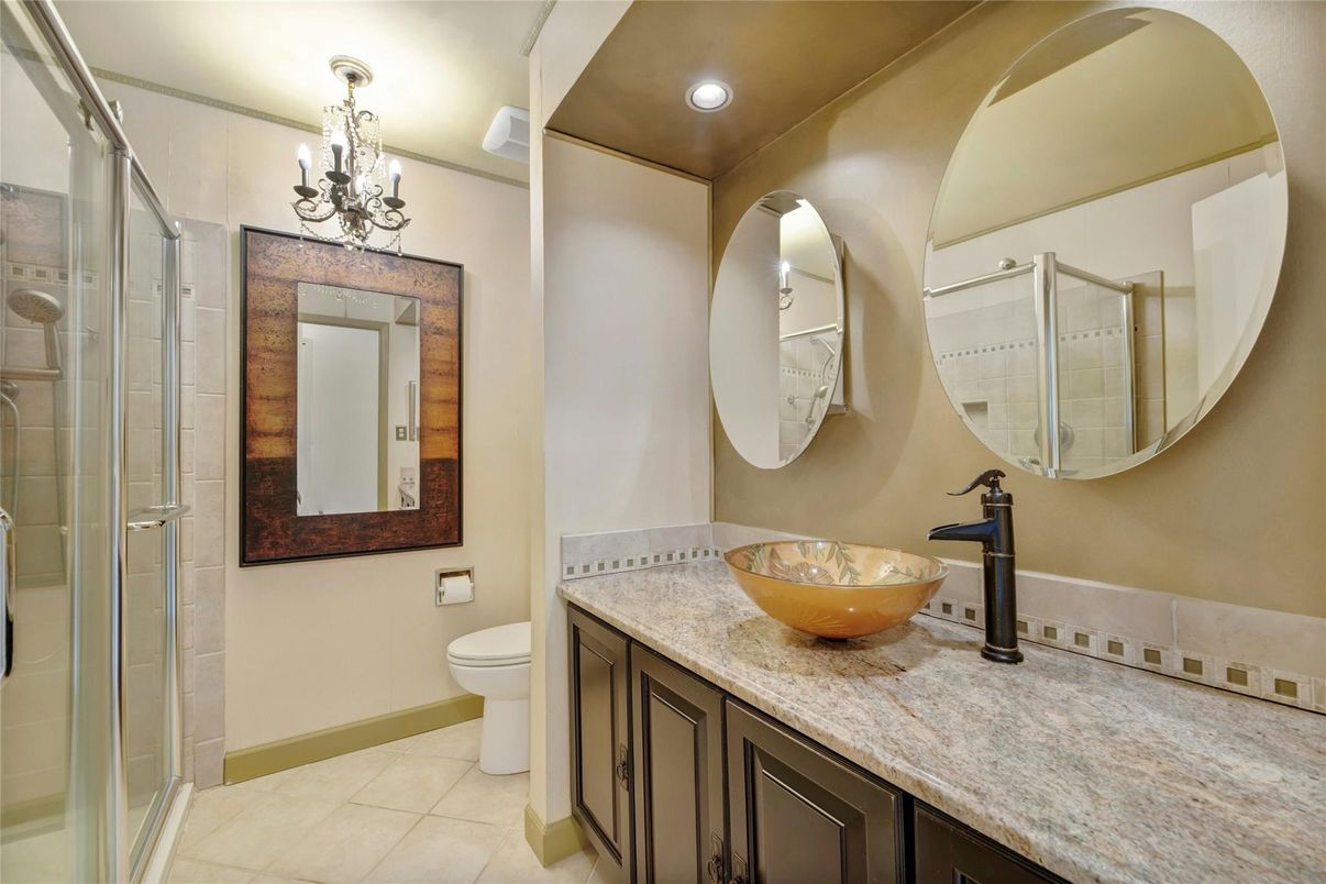 Bathroom, Chandelier, Dual Sink Vanities, Glass Shower, Interior, Recessed Lighting