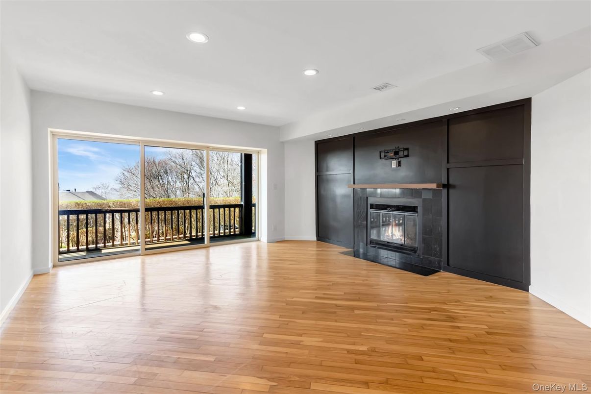 Empty room, Fireplace, Interior, Recessed Lighting, Wood Texture Flooring
