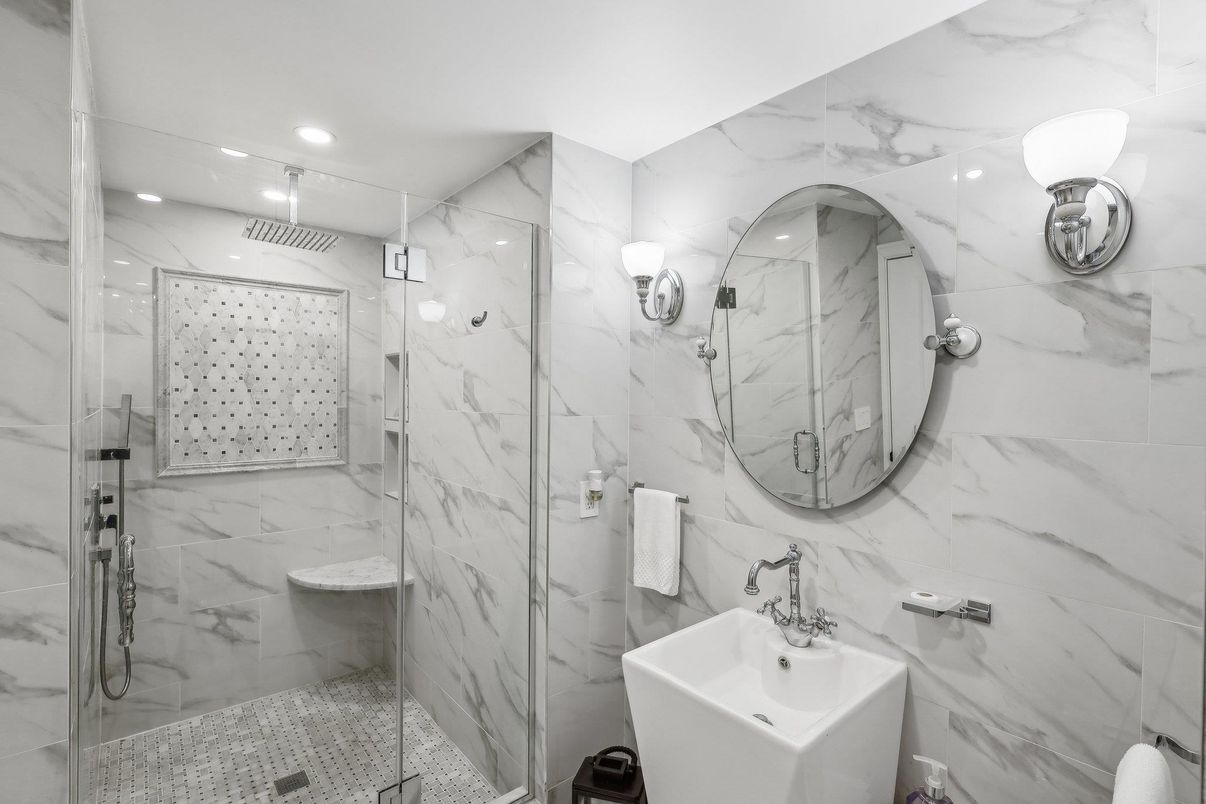 Bathroom, Glass Shower, Interior, Marble Walls, Recessed Lighting