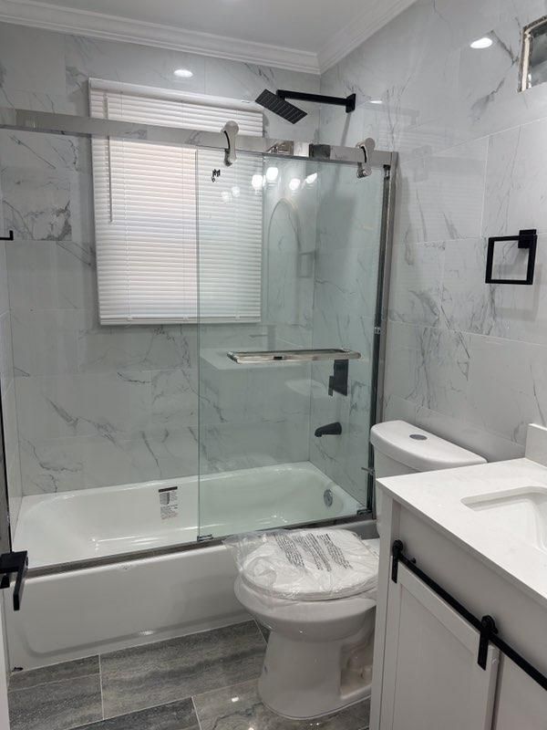 Bathroom, Glass Shower, Interior, Marble Walls, Recessed Lighting