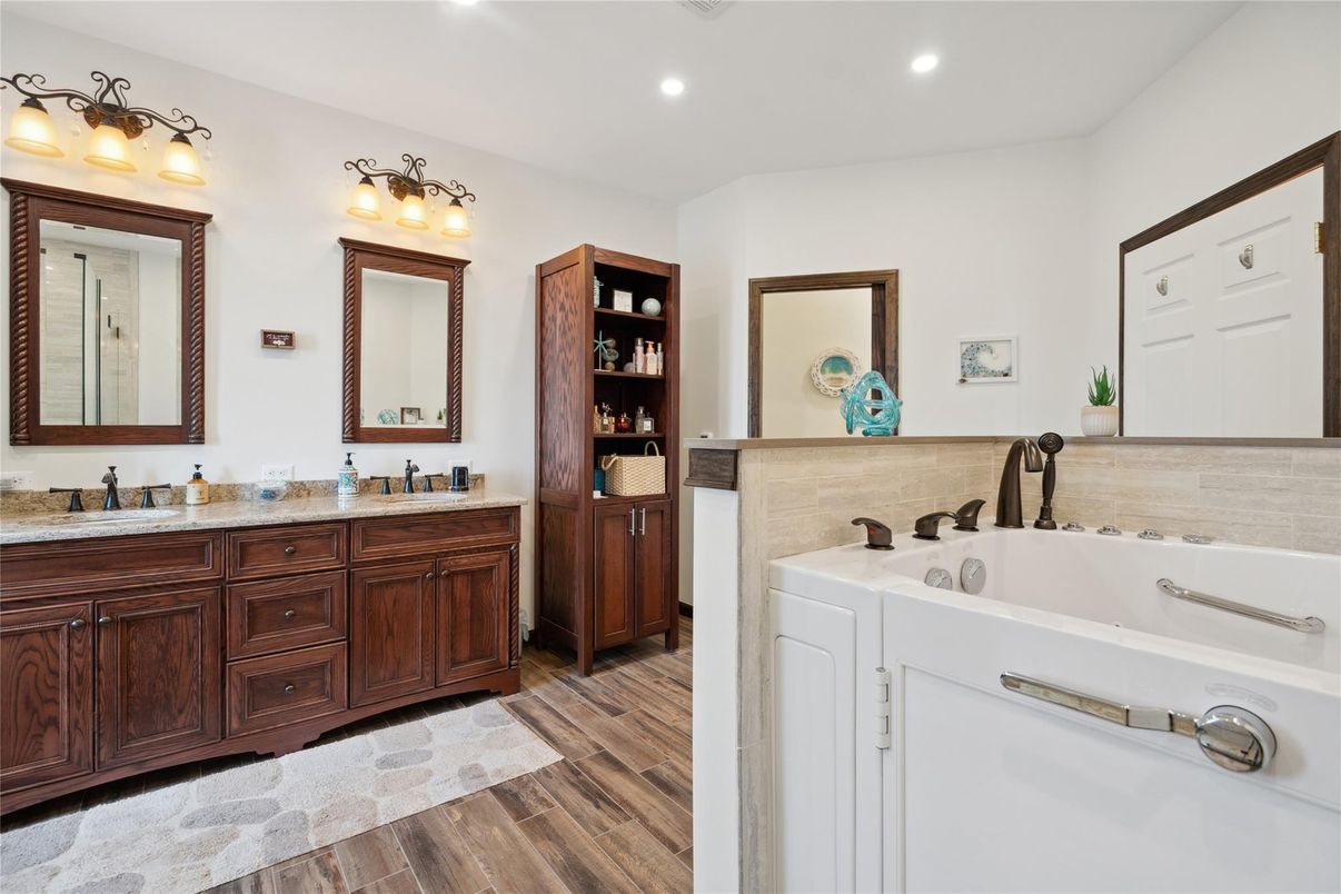 Bathroom, Dual Sink Vanities, Interior, Recessed Lighting, Wood Texture Flooring