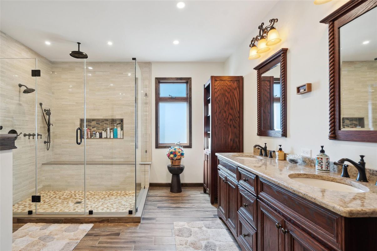 Bathroom, Dual Sink Vanities, Glass Shower, Interior, Recessed Lighting, Wood Texture Flooring