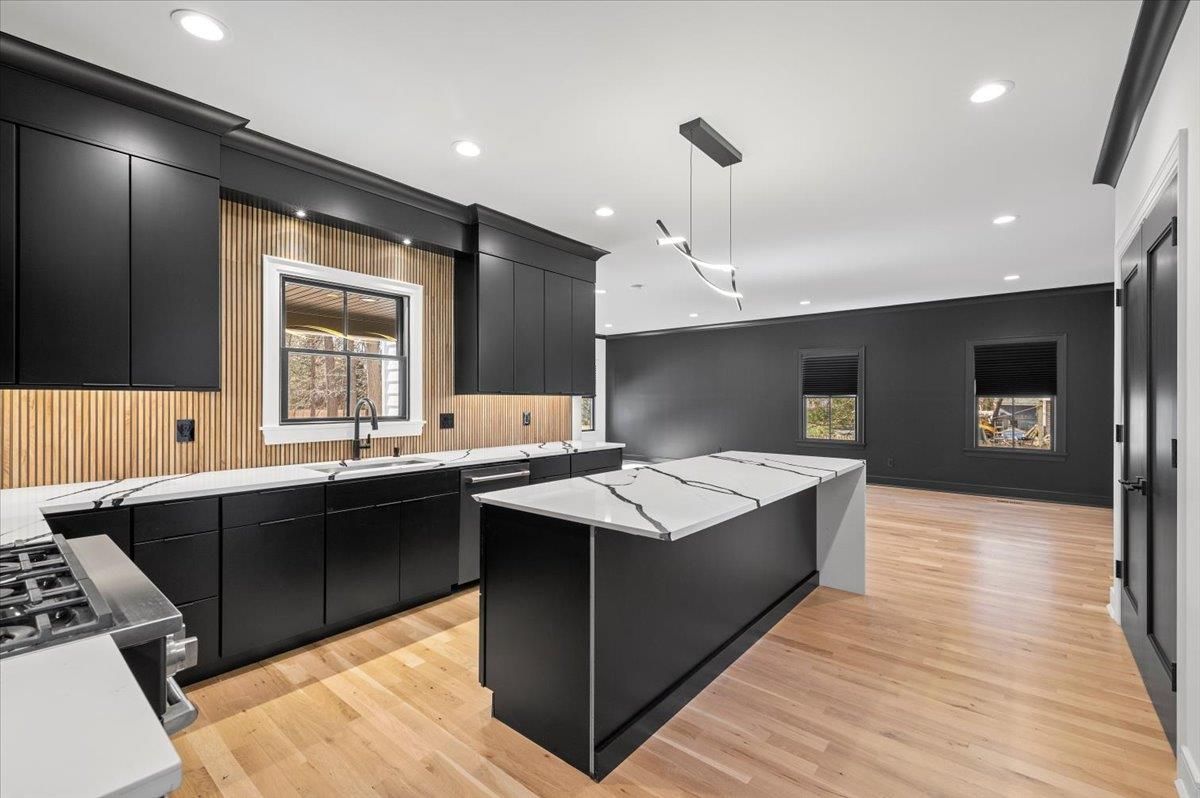 Game Room, Interior, Kitchen, Pendant Lights, Recessed Lighting, Wood Texture Flooring