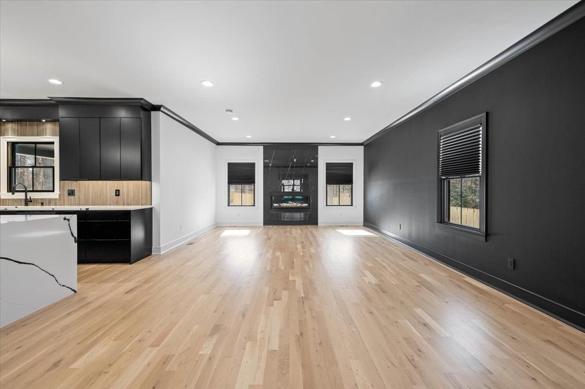 Empty room, Fireplace, Interior, Recessed Lighting, Wood Texture Flooring