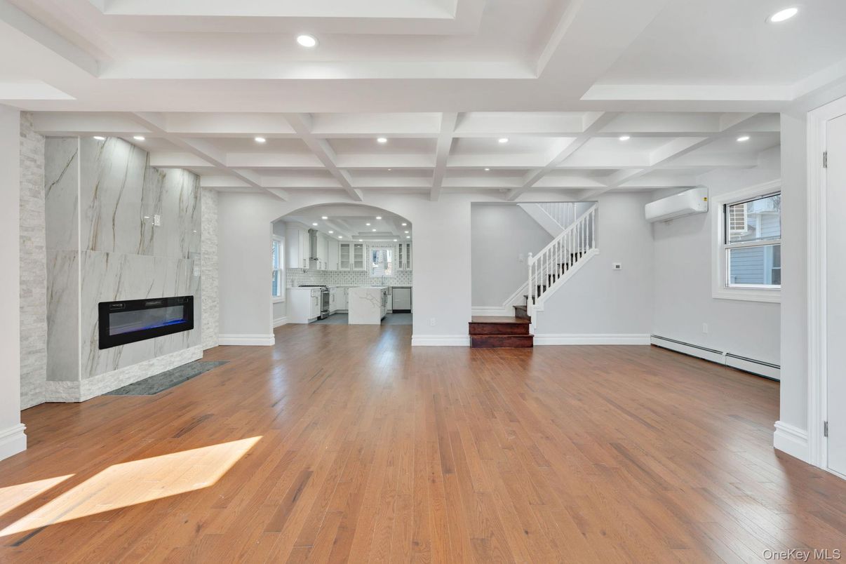Empty room, Fireplace, Interior, Recessed Lighting, Wood Texture Flooring