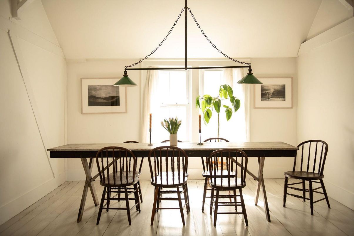 Dining room, Interior, Pendant Lights, Wood Texture Flooring