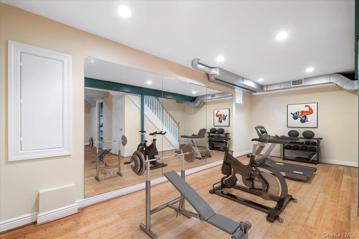 Fitness Equipment, Gym, Interior, Recessed Lighting, Wood Texture Flooring