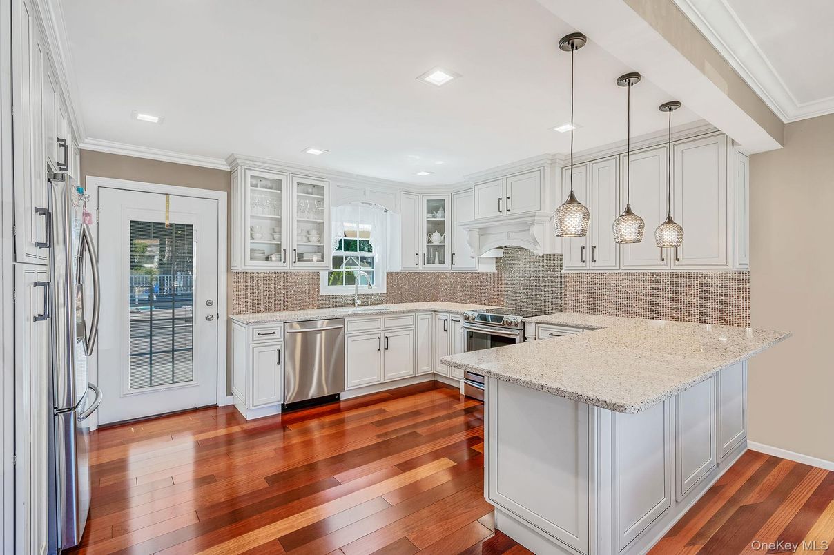 Interior, Kitchen, Pendant Lights, Recessed Lighting, Stainless Steel Appliances, Wood Texture Flooring