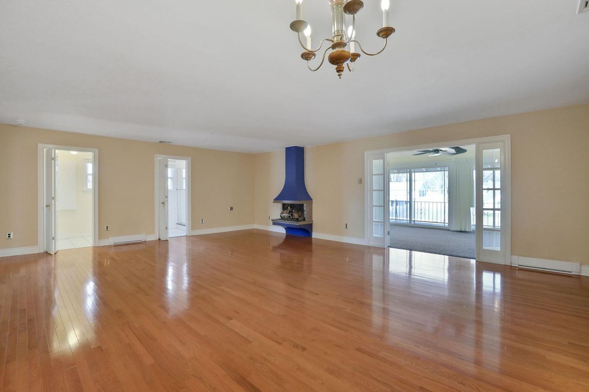 Chandelier, Empty room, Fireplace, Interior, Wood Texture Flooring