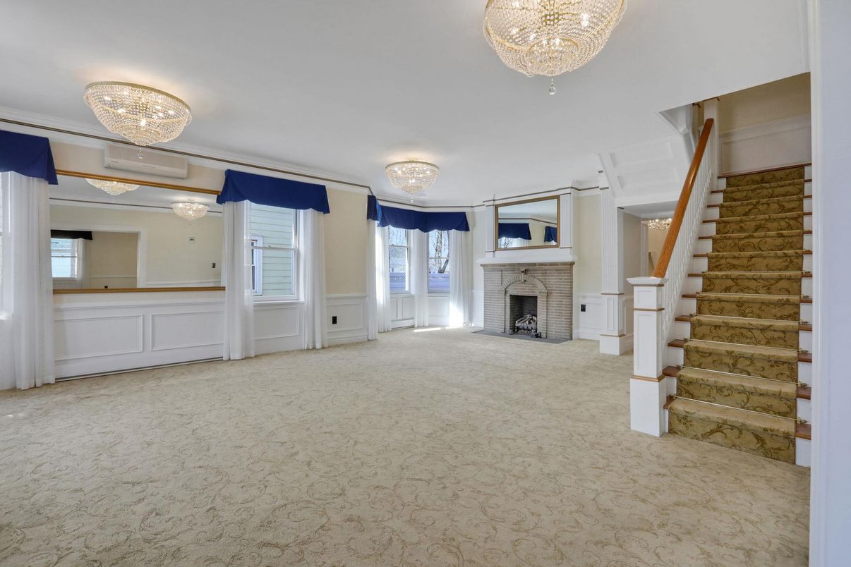 Chandelier, Fireplace, Interior