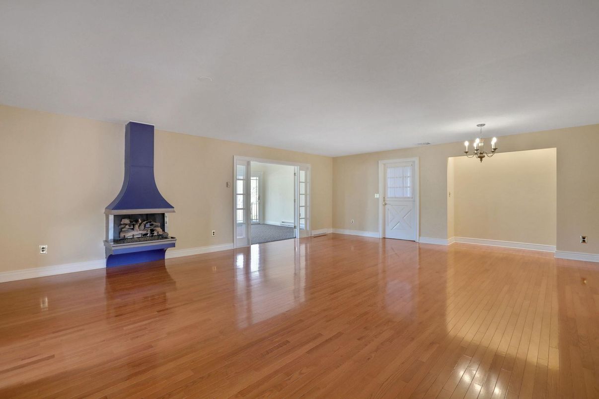 Chandelier, Empty room, Fireplace, Interior, Wood Texture Flooring