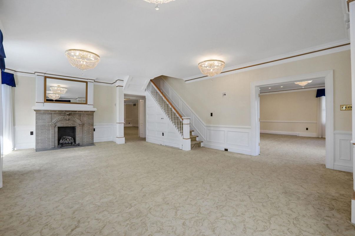 Chandelier, Empty room, Fireplace, Interior