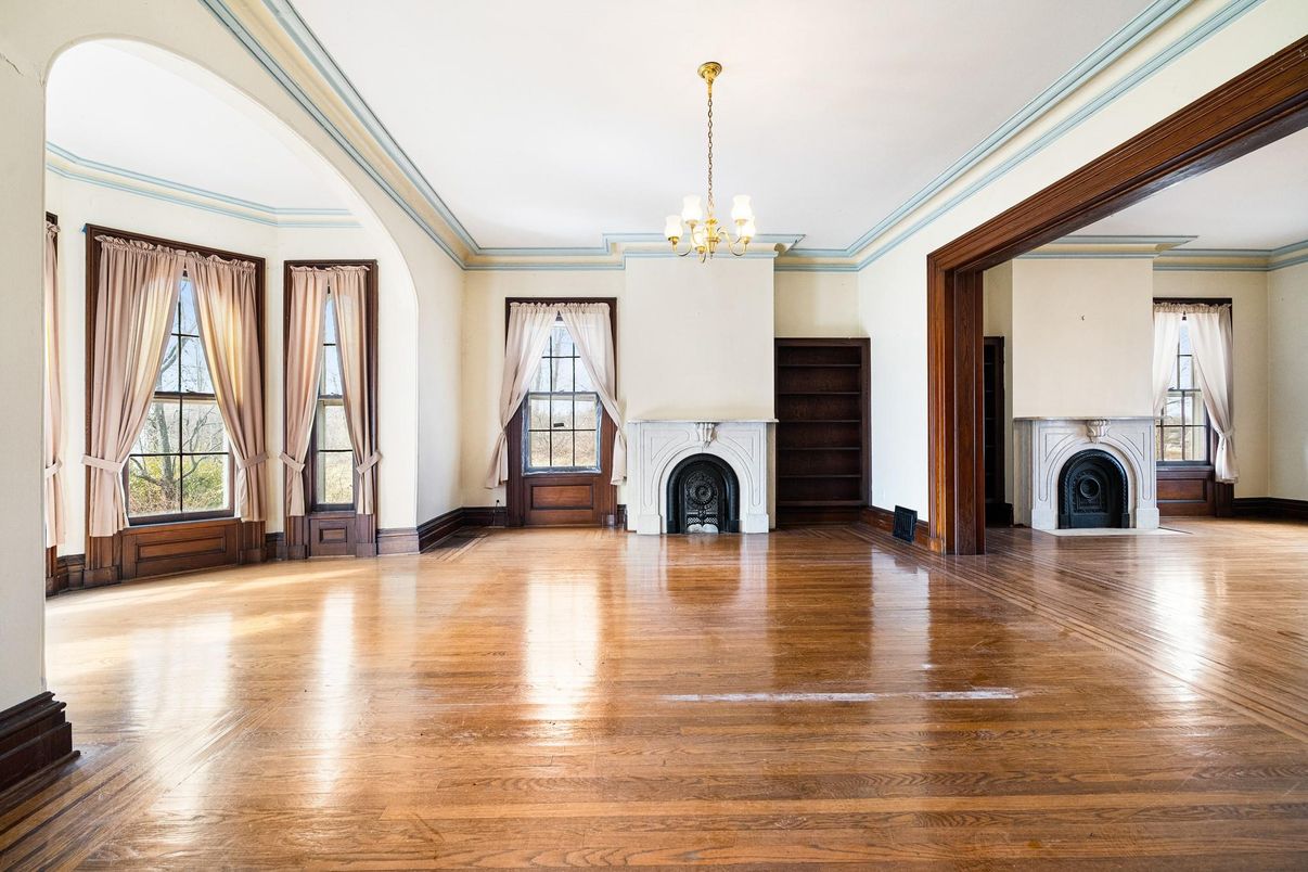 Chandelier, Empty room, Fireplace, Interior, Wood Texture Flooring