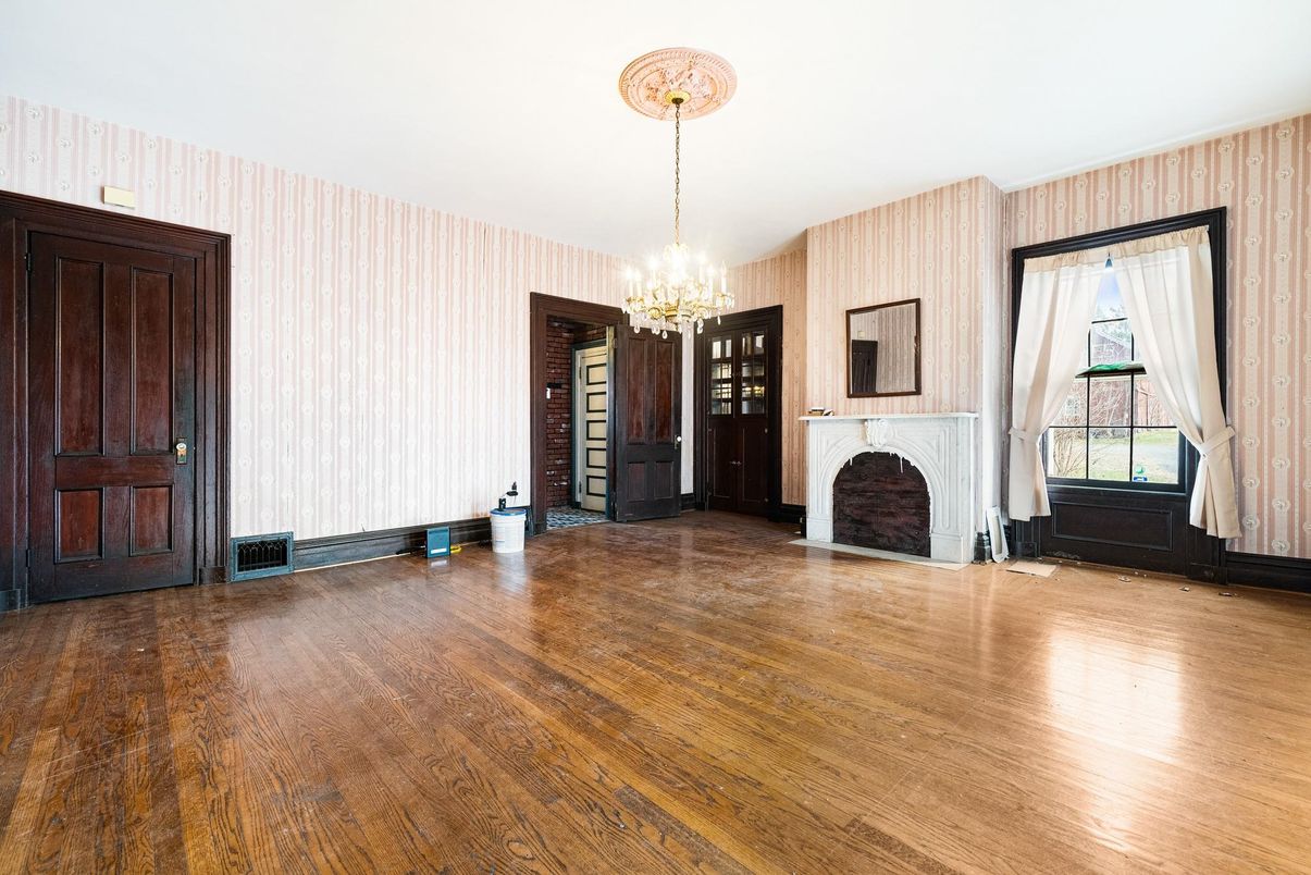 Chandelier, Empty room, Fireplace, Interior, Wood Texture Flooring