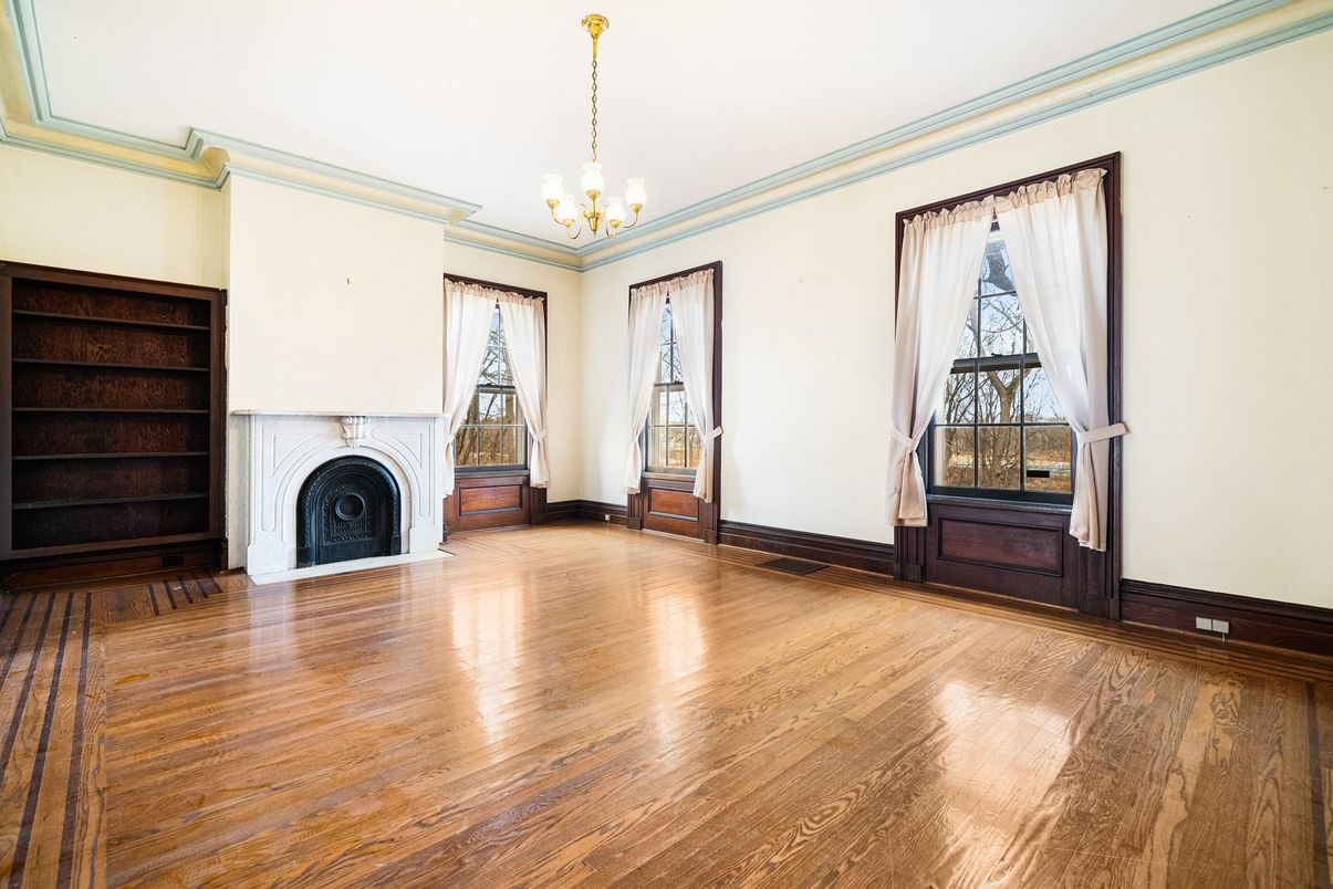 Chandelier, Empty room, Fireplace, Interior, Wood Texture Flooring