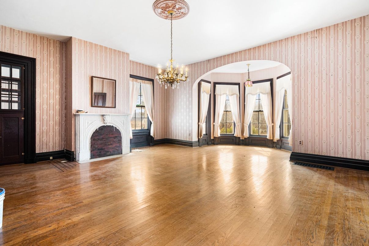 Chandelier, Empty room, Fireplace, Interior, Wood Texture Flooring