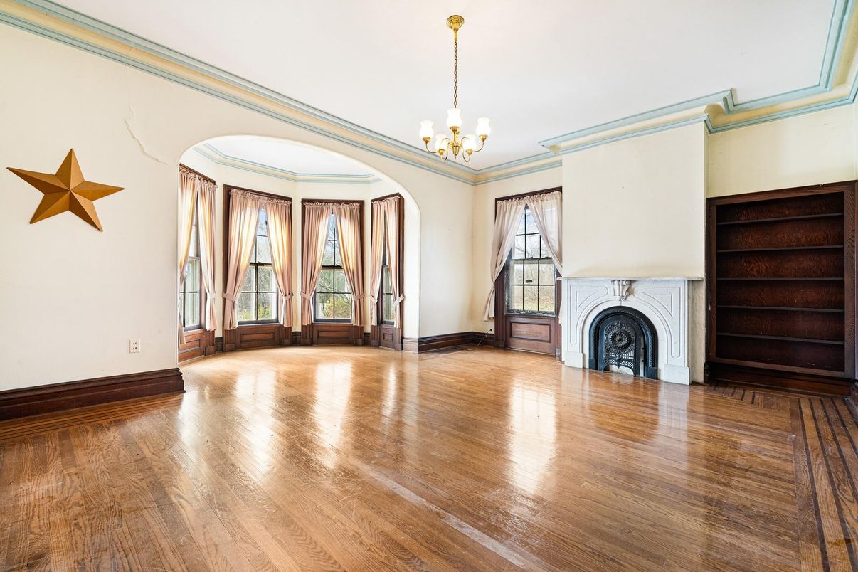 Chandelier, Empty room, Fireplace, Interior, Wood Texture Flooring