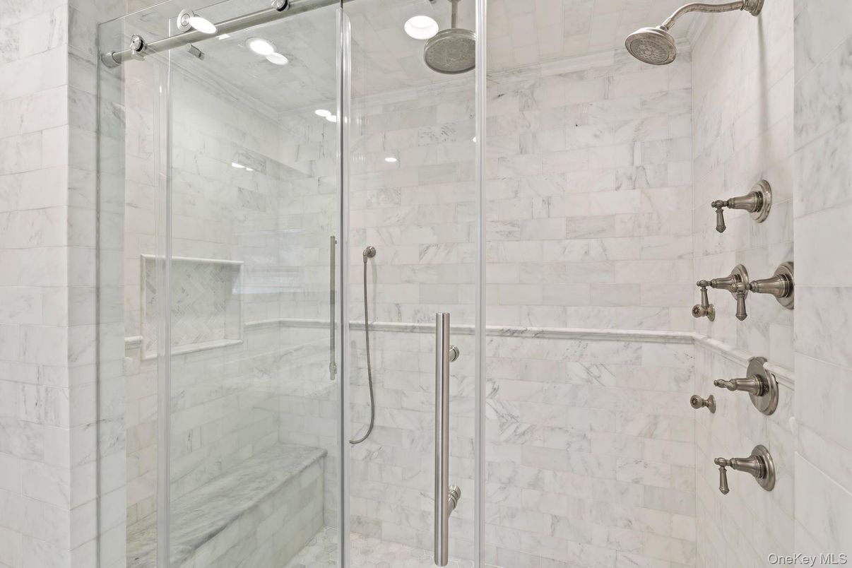 Bathroom, Glass Shower, Interior, Marble Walls, Recessed Lighting