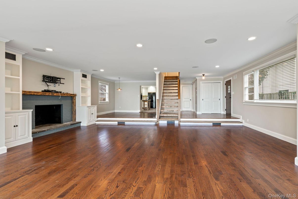 Empty room, Fireplace, Interior, Recessed Lighting, Wood Texture Flooring