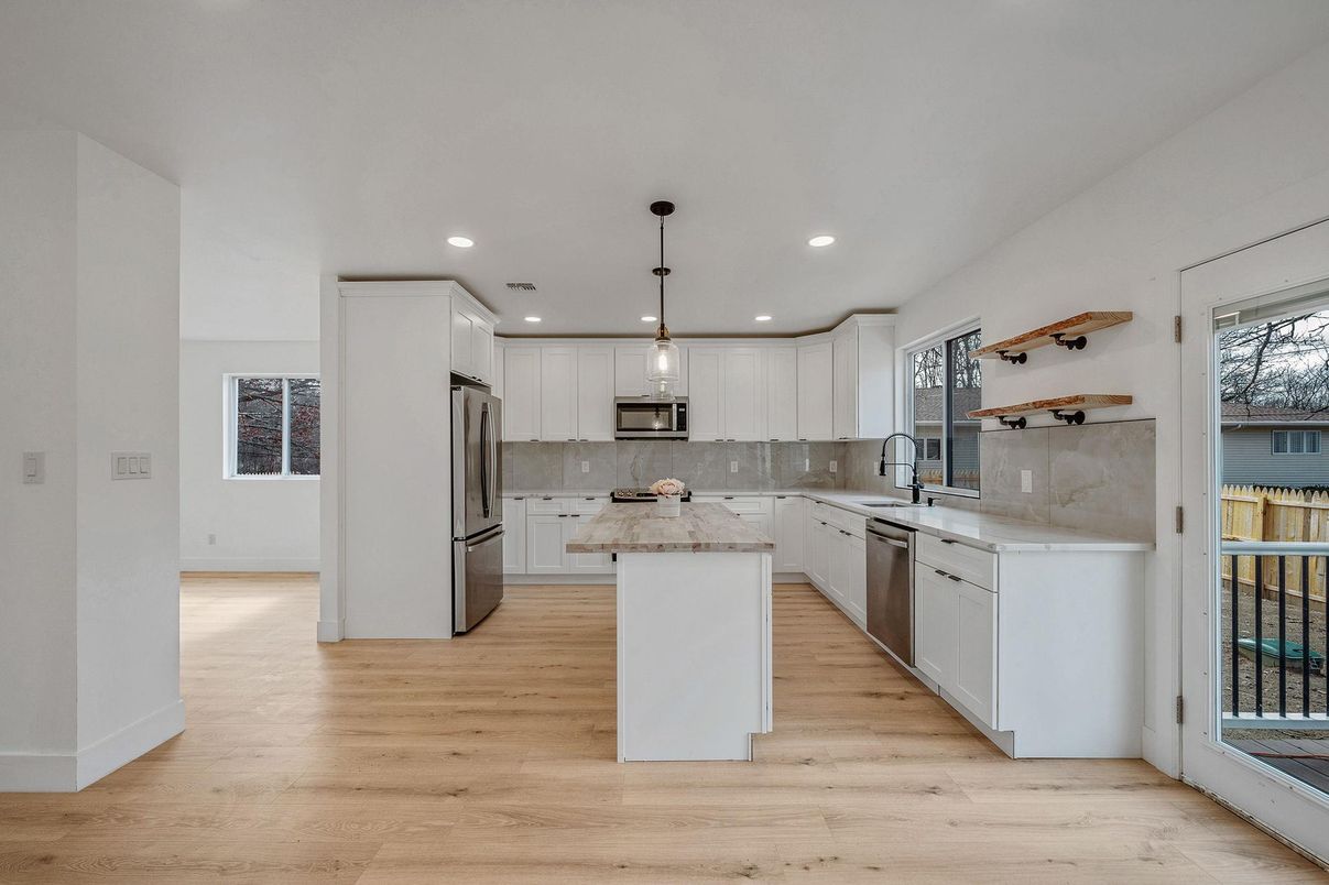 Interior, Kitchen, Pendant Lights, Recessed Lighting, Stainless Steel Appliances, Wood Texture Flooring