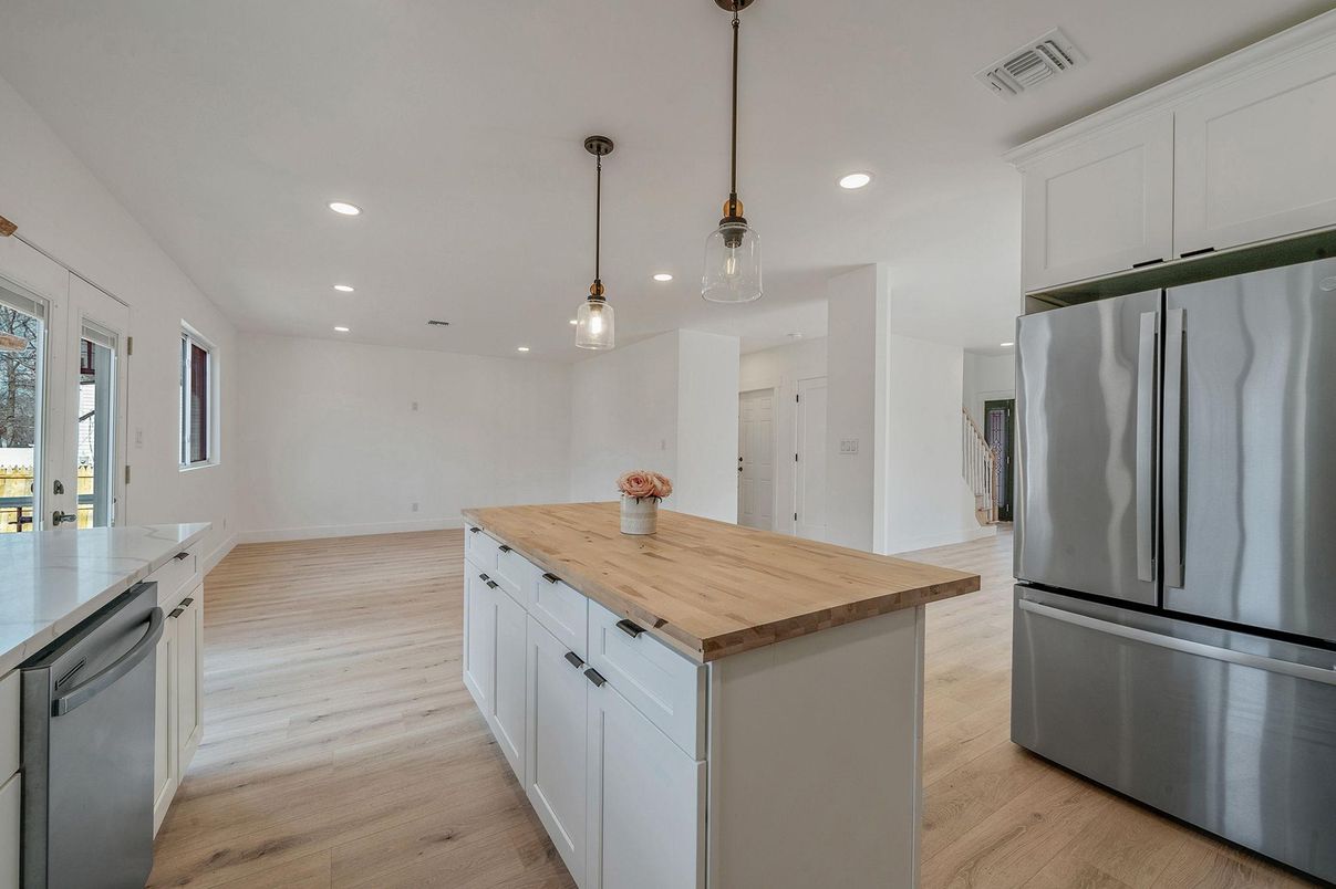 Interior, Kitchen, Pendant Lights, Recessed Lighting, Stainless Steel Appliances, Wood Texture Flooring