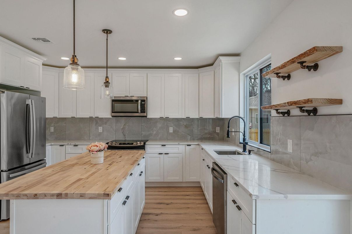 Interior, Kitchen, Pendant Lights, Recessed Lighting, Stainless Steel Appliances, Wood Texture Flooring