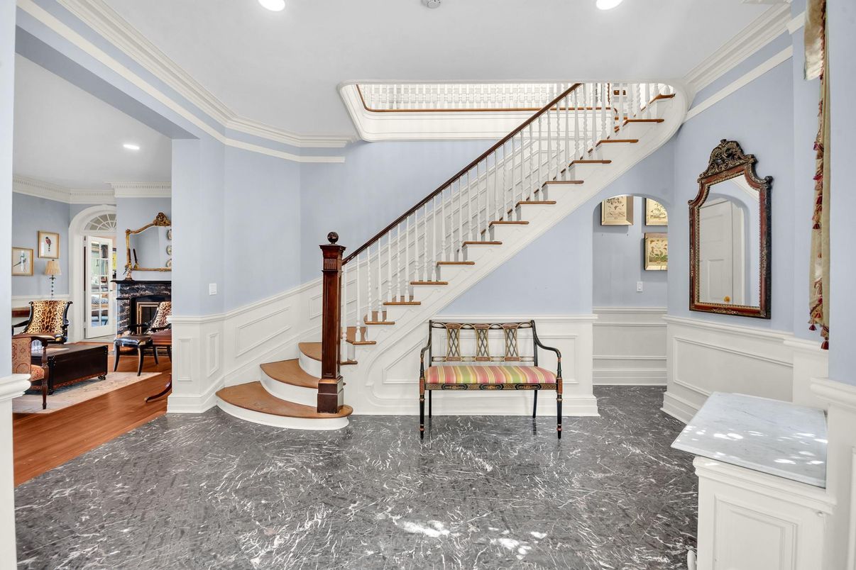 Fireplace, Interior, Marble, Recessed Lighting, Wood Texture Flooring