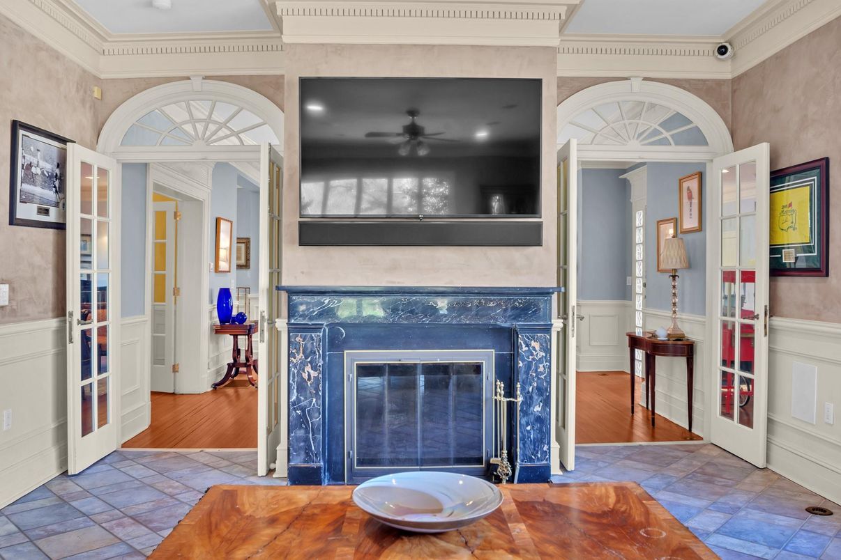 Fireplace, Interior, Recessed Lighting, Wood Texture Flooring
