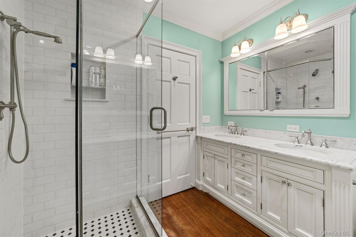 Bathroom, Dual Sink Vanities, Glass Shower, Interior, Wood Texture Flooring