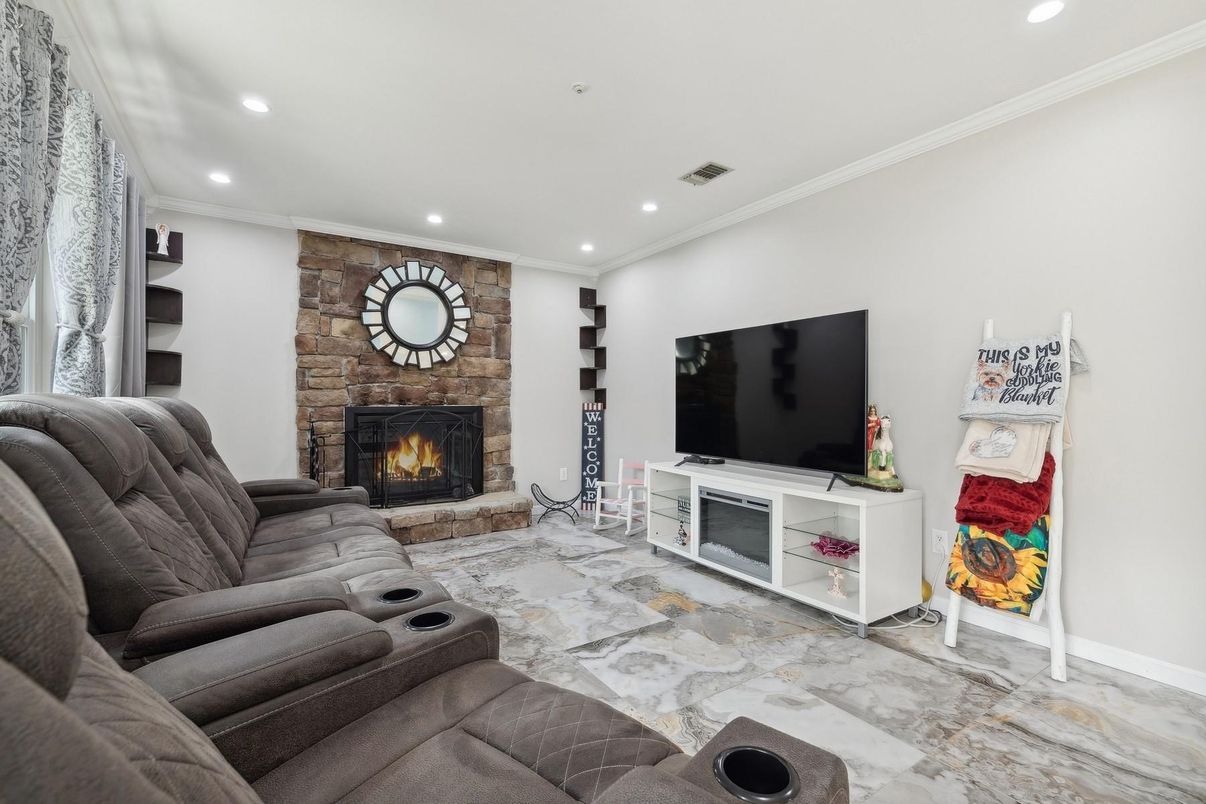 Home Theatre Room, Fireplace, Interior, Living room, Marble, Recessed Lighting, Stone Walls