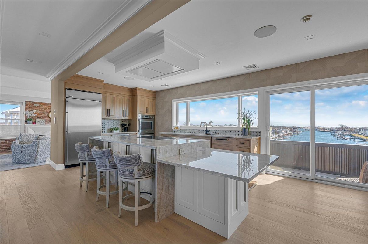 Interior, Kitchen, Recessed Lighting, Stainless Steel Appliances, Water, Wood Texture Flooring