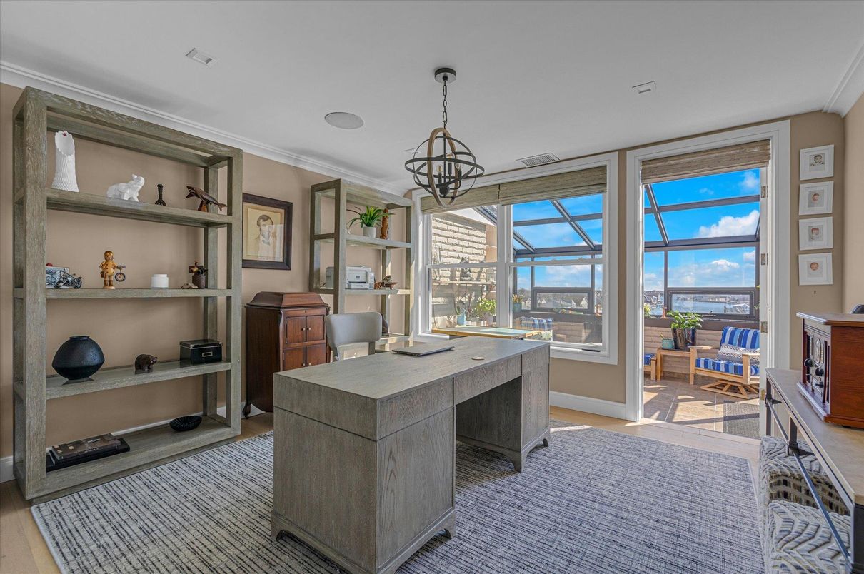 Chandelier, Home Office, Interior, Pendant Lights, Wood Texture Flooring