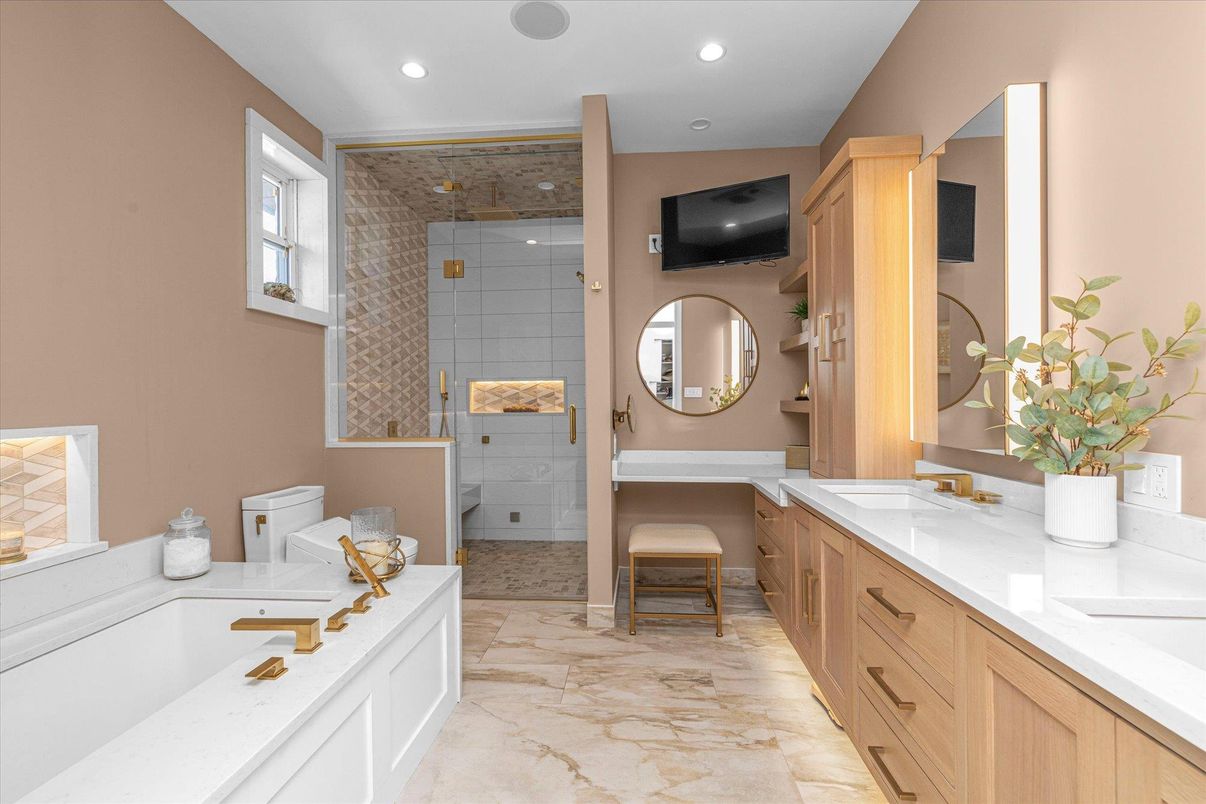 Bathroom, Dual Sink Vanities, Glass Shower, Interior, Recessed Lighting